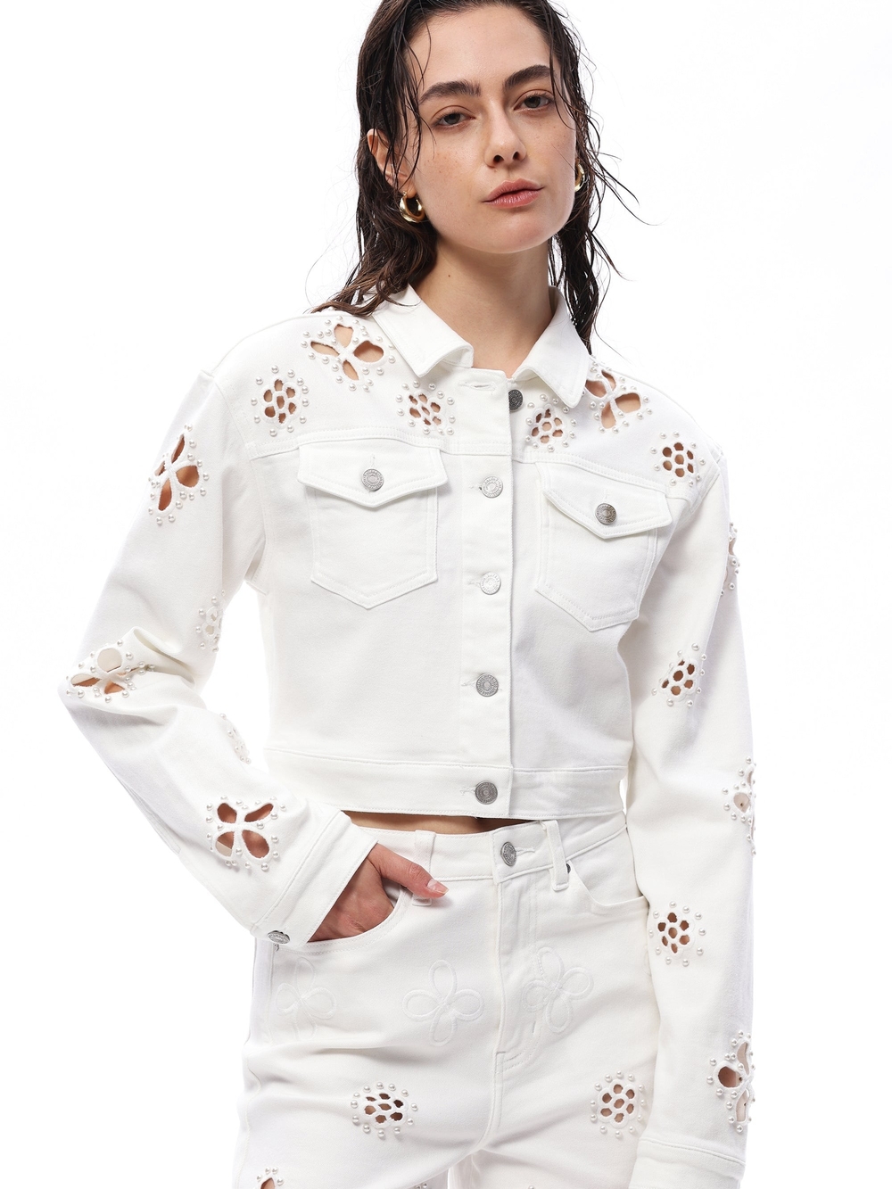 Bayeas White Eyelet Cropped Denim Jacket - Women's